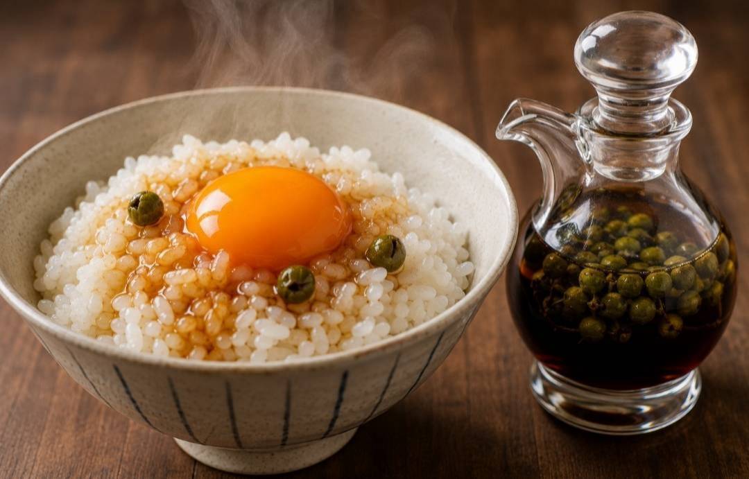 アオモジを添えた卵かけご飯とアオモジ入りの調味料