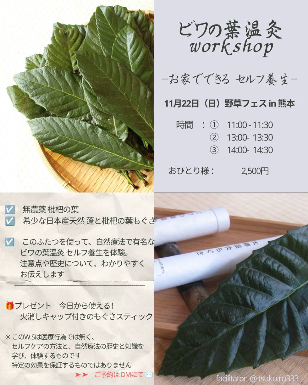 枇杷の葉と温灸器を使うセルフ養生ワークショップの案内